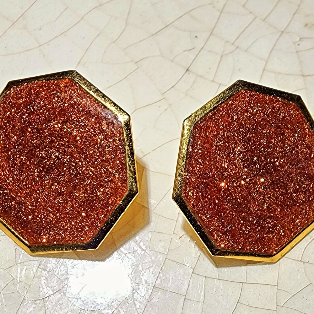 Hexagonal brown with gold glitter enameled post earrings, perfect for fall